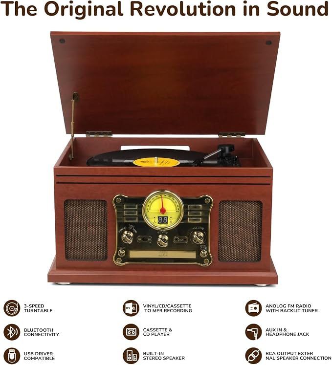 Bluetooth Record Player 10 in 1, 3-Speed Turntable for Vinyl with Speakers