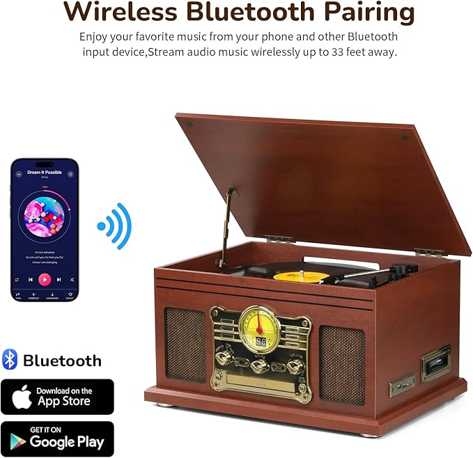 Bluetooth Record Player 10 in 1, 3-Speed Turntable for Vinyl with Speakers