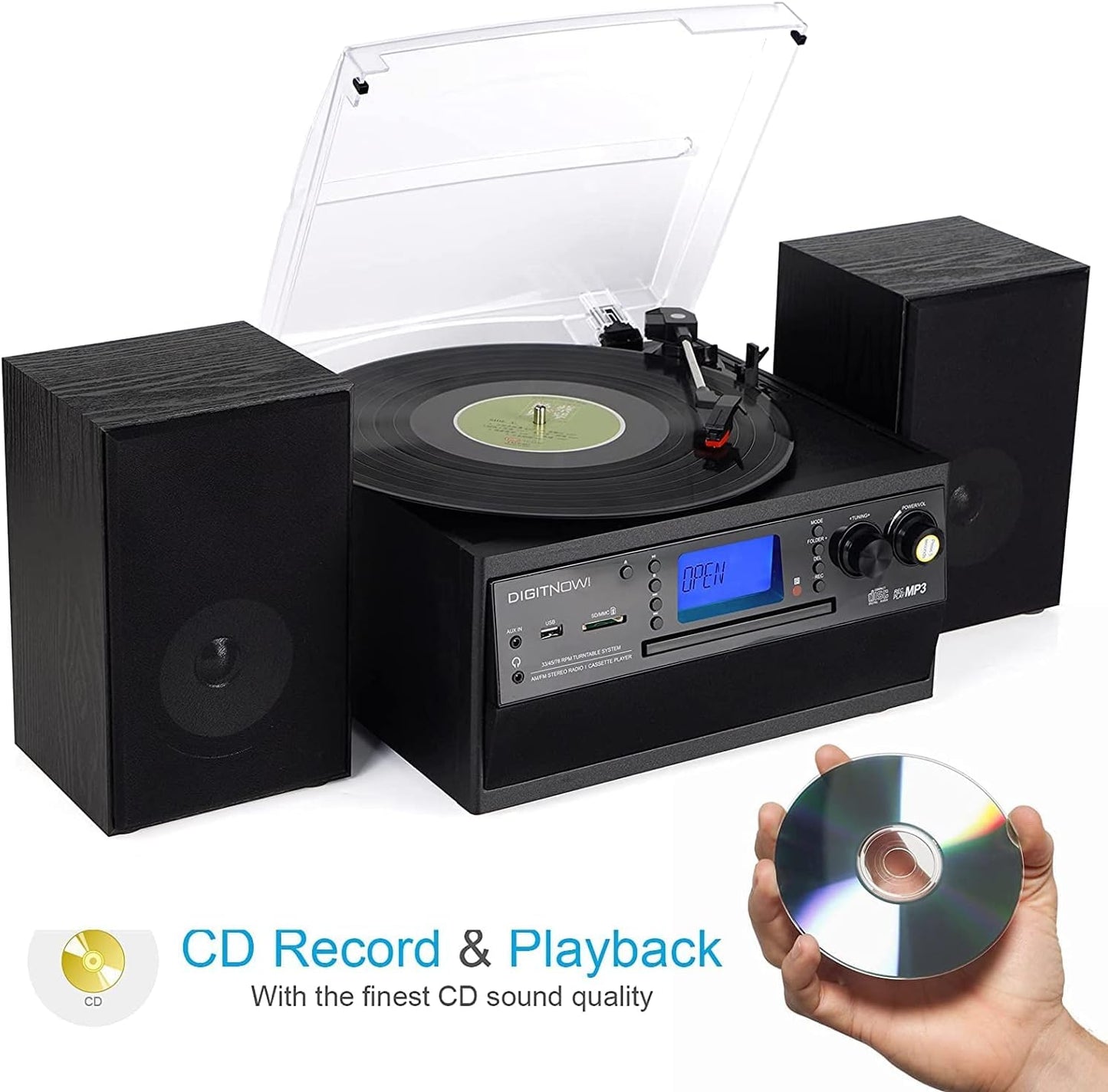 Bluetooth Record Player Turntable with Stereo Speaker, LP Vinyl to MP3 Converter with CD, Cassette