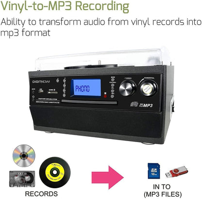 Bluetooth Record Player Turntable with Stereo Speaker, LP Vinyl to MP3 Converter with CD, Cassette