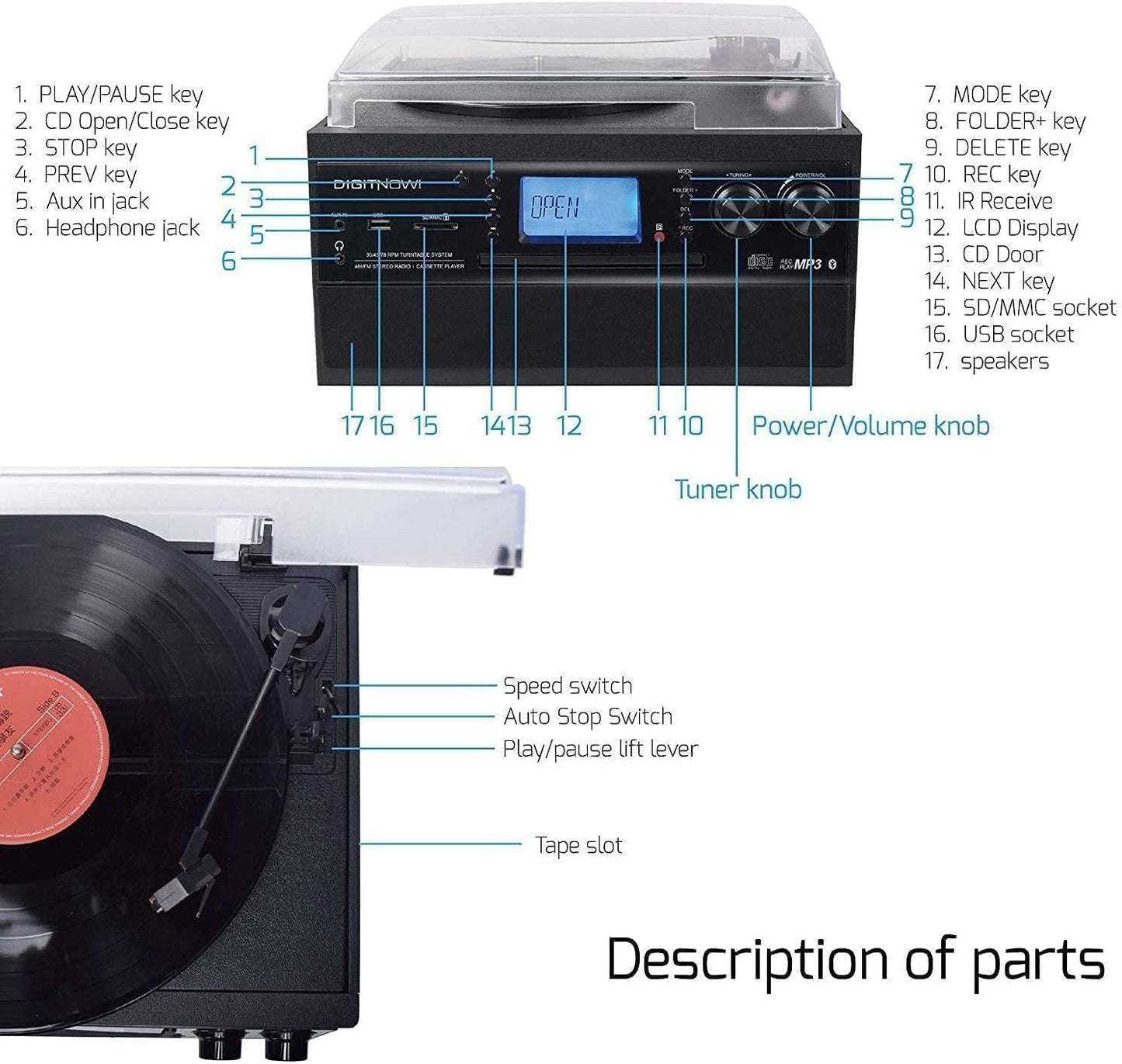 Bluetooth Record Player Turntable with Stereo Speaker, LP Vinyl to MP3 Converter with CD, Cassette