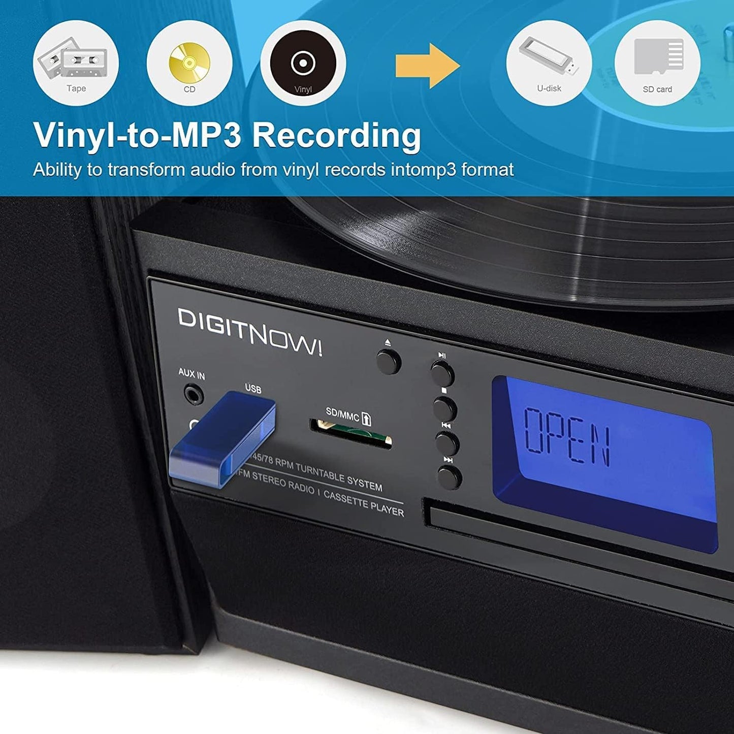 Bluetooth Record Player Turntable with Stereo Speaker, LP Vinyl to MP3 Converter with CD, Cassette