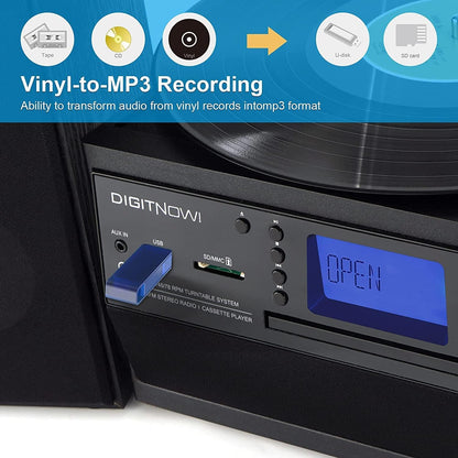 Bluetooth Record Player Turntable with Stereo Speaker, LP Vinyl to MP3 Converter with CD, Cassette