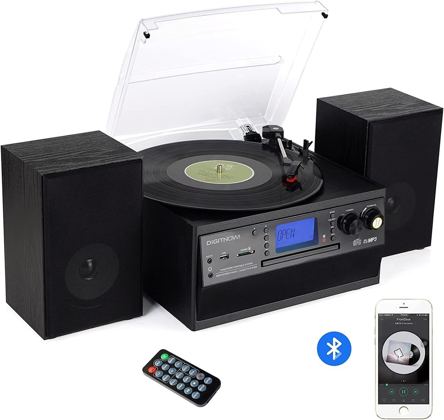 Bluetooth Record Player Turntable with Stereo Speaker, LP Vinyl to MP3 Converter with CD, Cassette