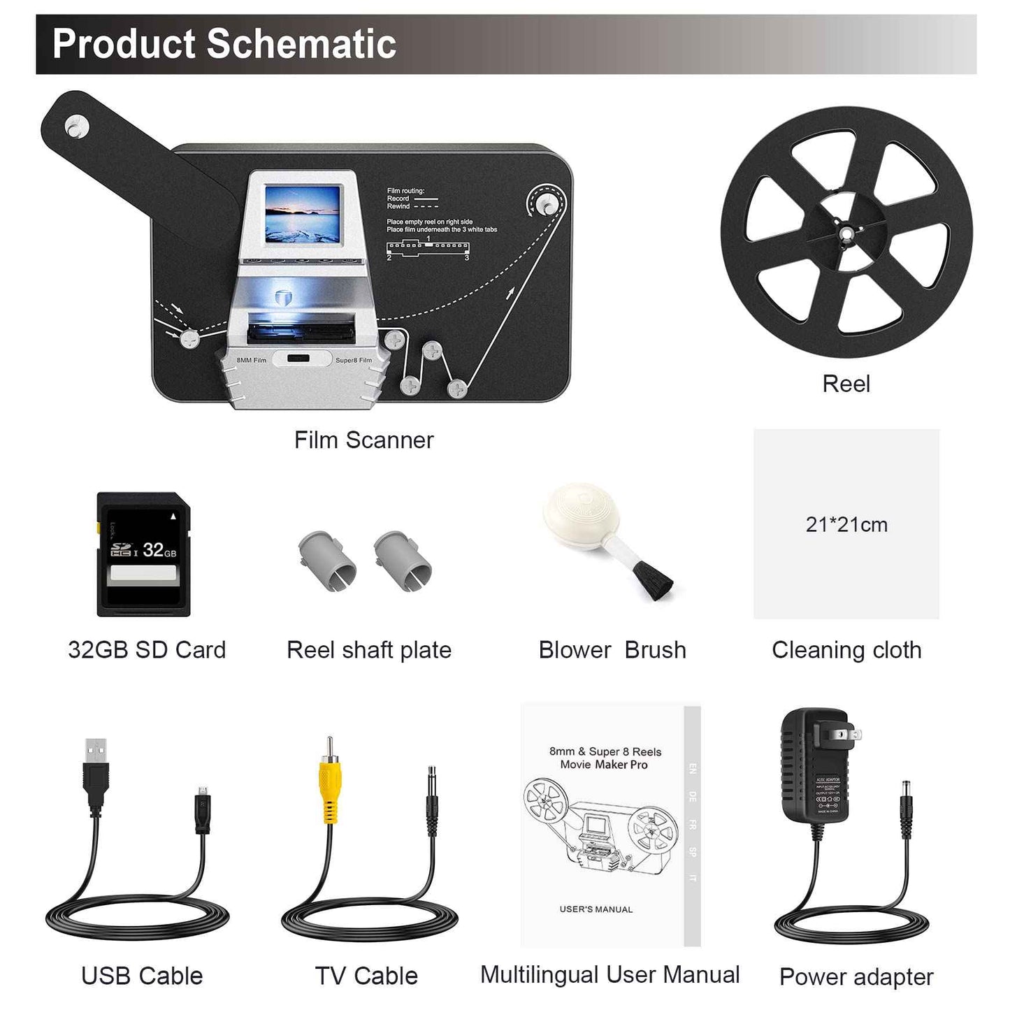 8mm & Super 8 Reels Digitizer Convert 3” 5” 7” 9” Reels into 1080P Includes 32GB SD Card