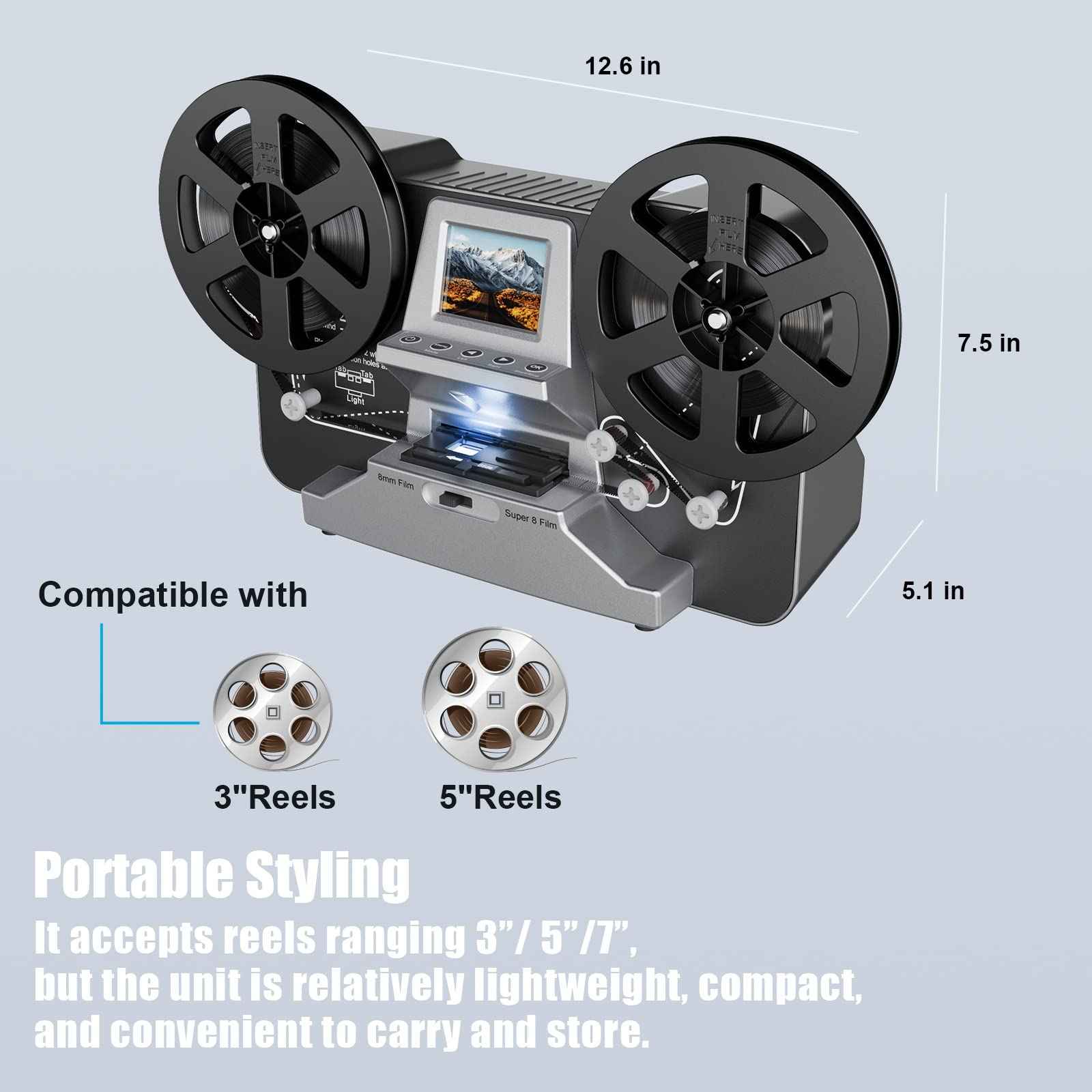 8mm & Super 8 Reels to Digital MovieMaker Film Sanner Converter, Pro Film  Digitizer Machine with 2.4 LCD, Black (Convert 3 inch and 5 inch 8mm Super